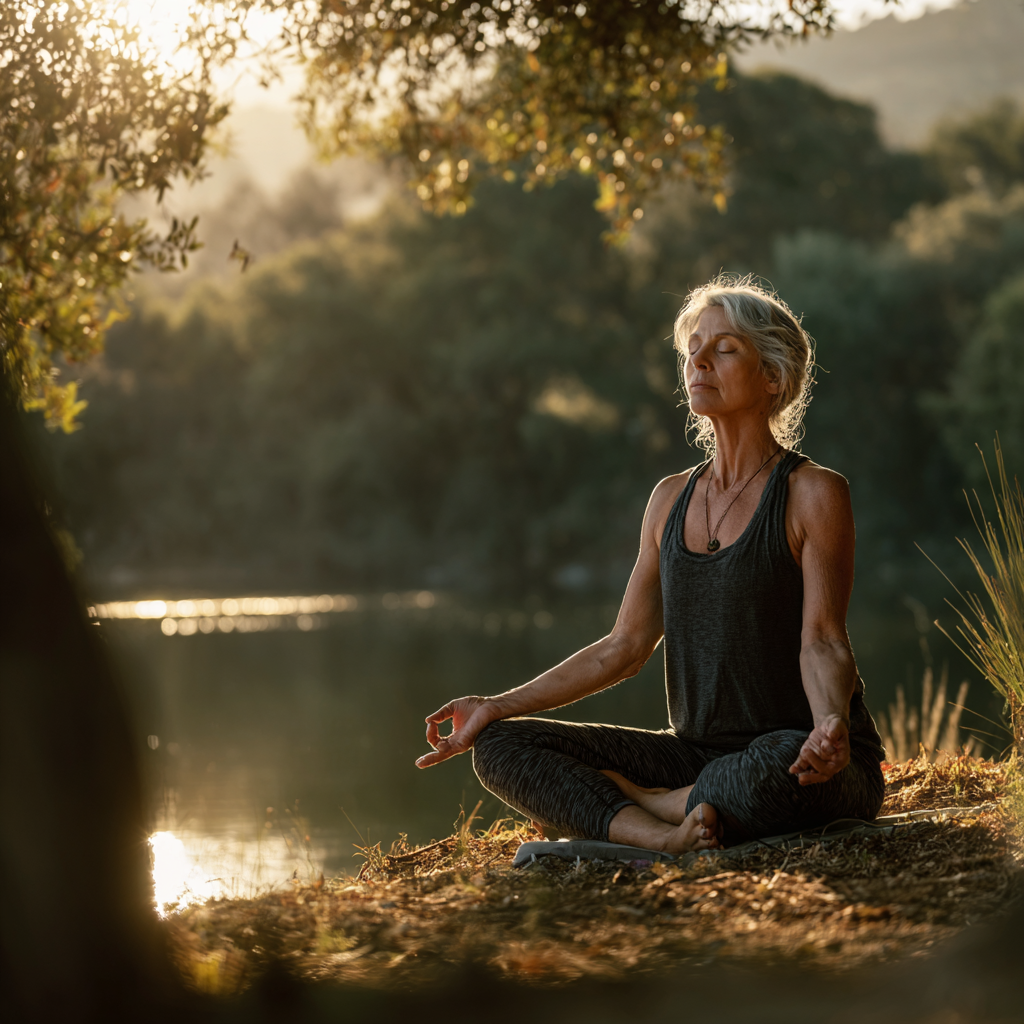 mature adult practicing yoga in peaceful natural setting