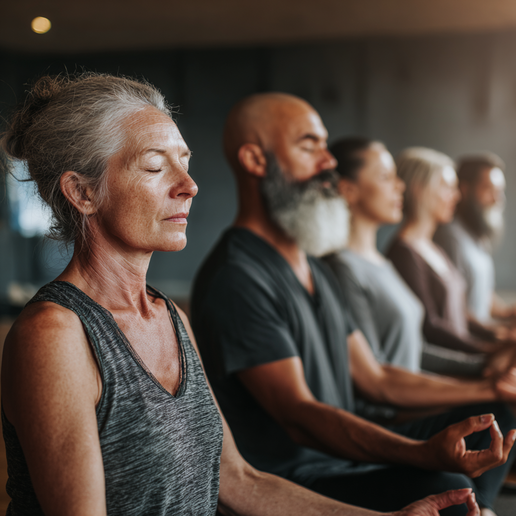 middle-aged adults in meditation session together
